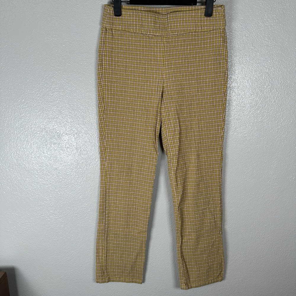 Free People Cotton Linen Blend Pull On Straight Leg Pants Womens XS Yellow Plaid